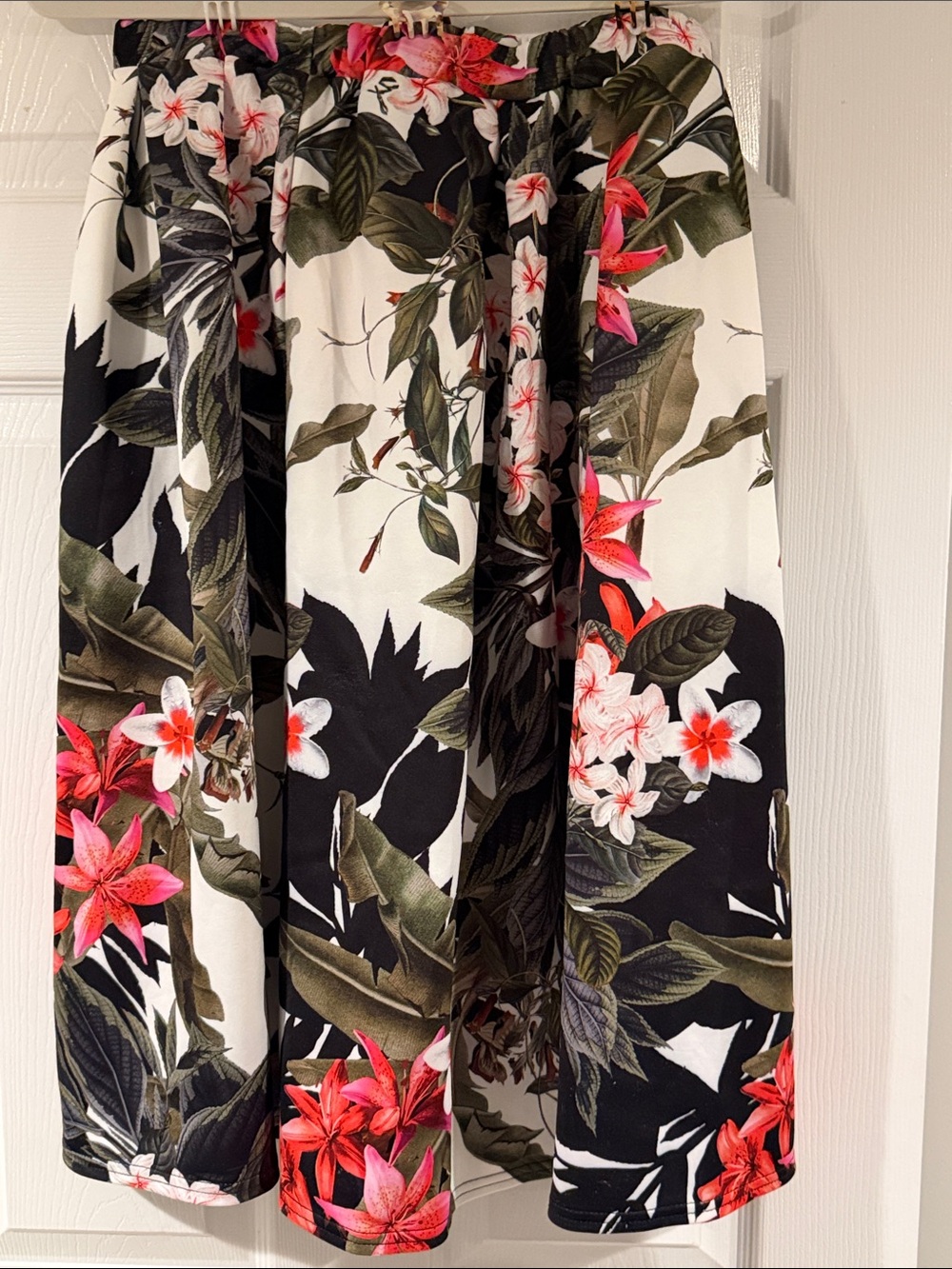 Floral A-Line Midi Skirt - Black & White with Pink Floral Print